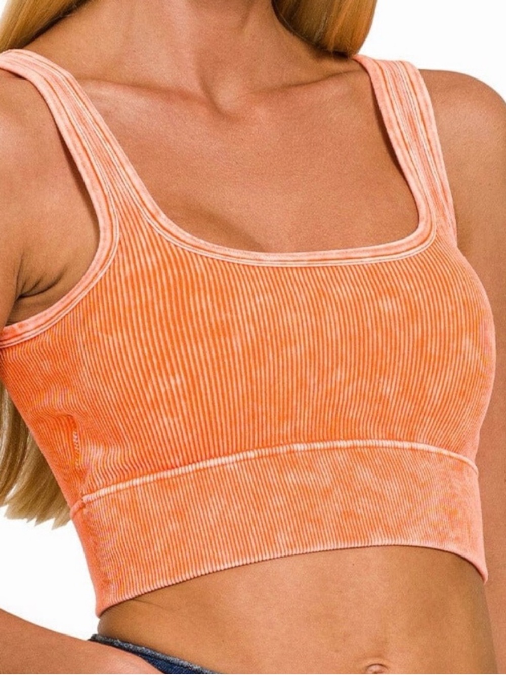 Zenana Outfitters | Orange Mineral Wash Ribbed Sports Bra - Sz S/M